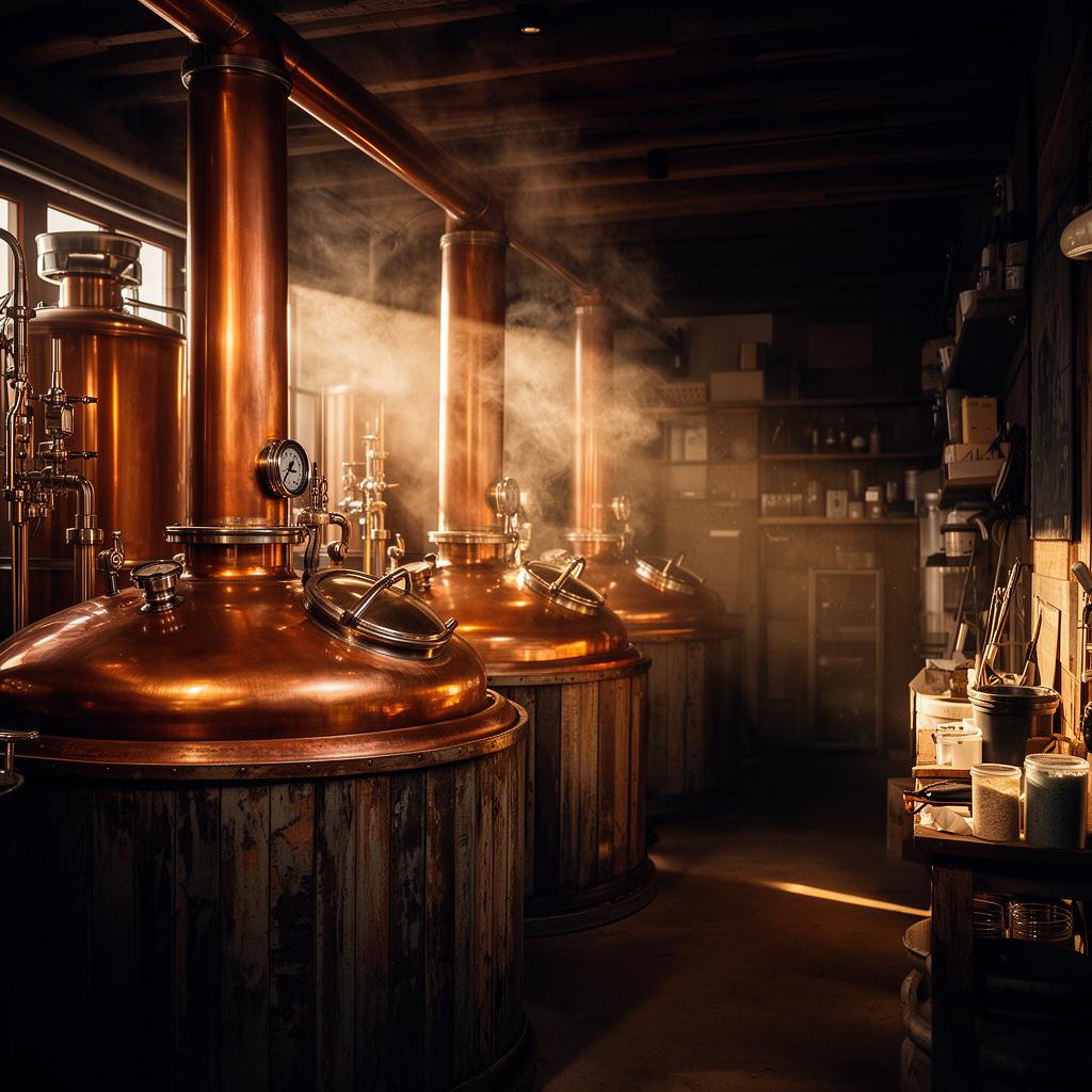 Copper brewing kettles in warm amber light
