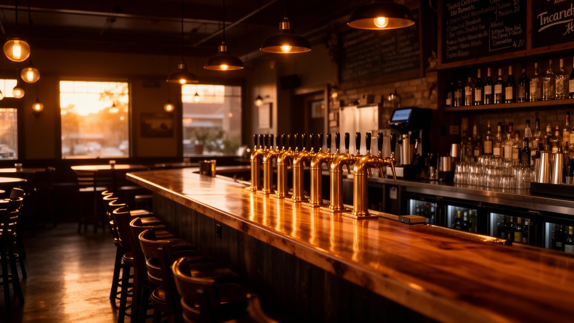 Cozy taproom interior with warm amber lighting